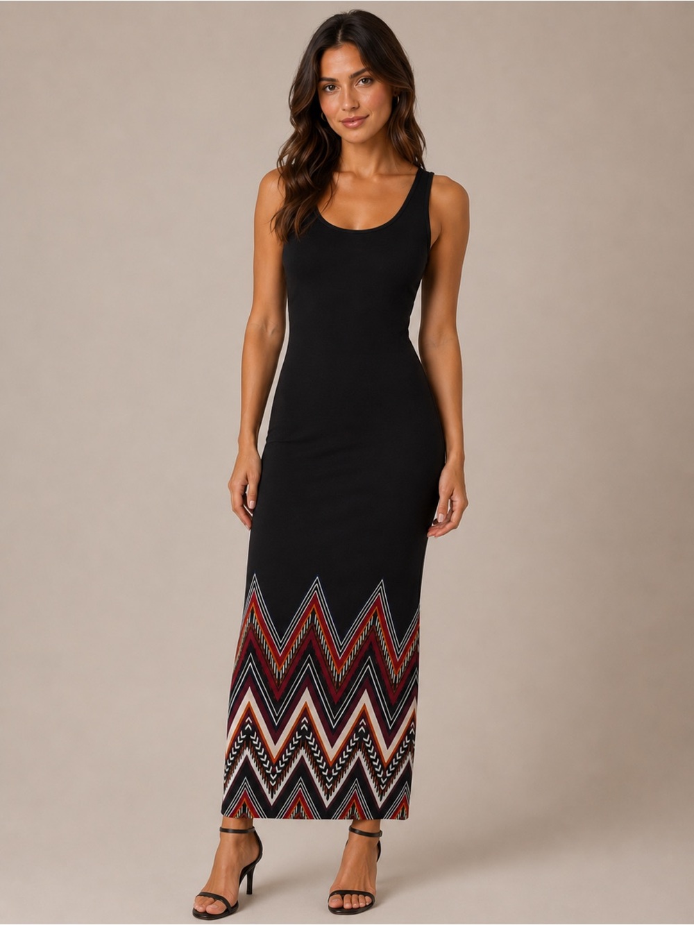 J for Justify Black Maxi Dress with Red and White Chevron Hem